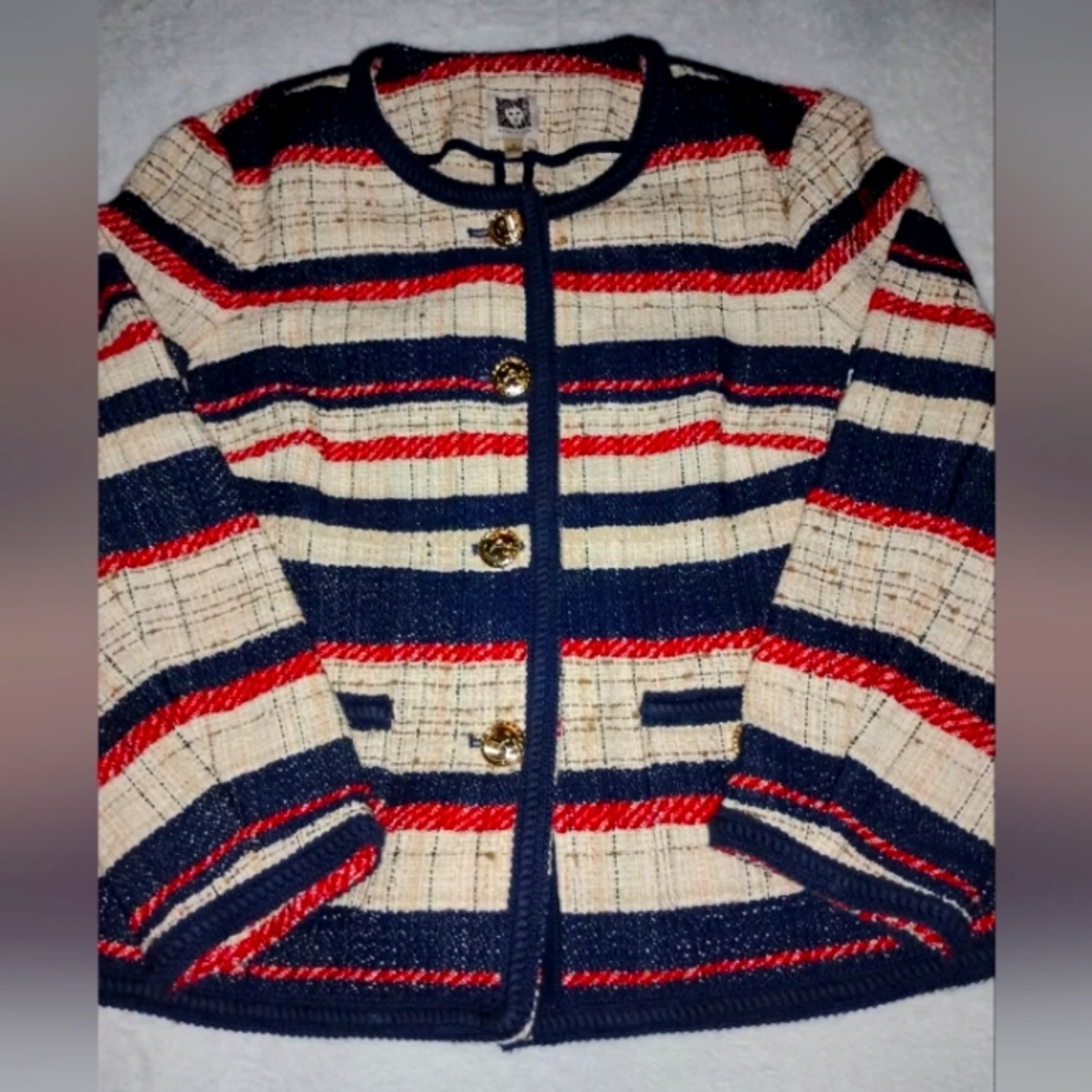 Anne Klein Cotton Striped Jacquard Collarless With Braided Trim Jacket, Size 6